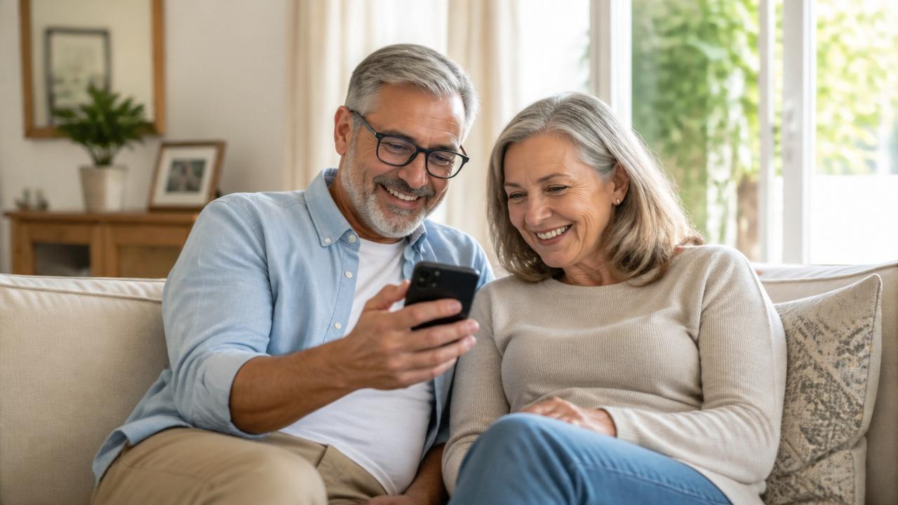 A smiling couple sitting together at home looking at a smartphone